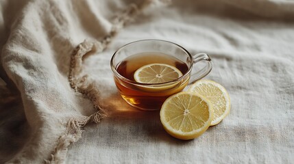 Glass cup of hot herbal tea with lemon slices on soft linen cloth, radiating warmth, freshness, and natural flavor, ideal for themes of health, mindfulness, and self-care.