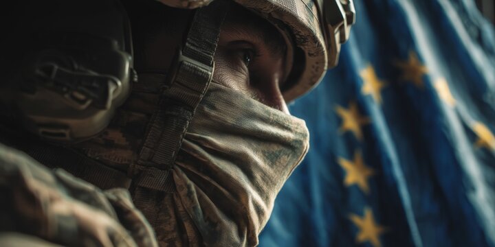 Soldier in camouflage gear and a helmet stands in front of the european union flag. The soldier's face is partially covered, sense of mystery and political intrigue. - Powered by Adobe