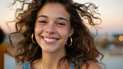 Joyful friends celebrate with laughter and dance at sunset beach gathering - Powered by Adobe