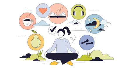 Self-care is the main focus, showing a person meditating surrounded by icons like a heart, book, and headphones, representing relaxation and wellness, transparent background.