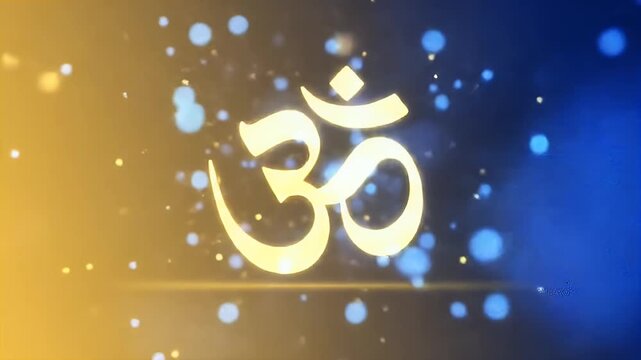 Glowing Om Namah Shivaya calligraphy with divine blue and golden particles floating around it, warm saffron-to-blue gradient background