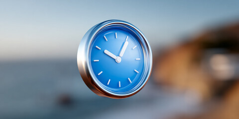 Clock shows time. Blue clock with metallic frame floats. Use for marketing, websites, planning, deadline, punctuality.