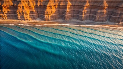 Stratified Cliffs Meeting Turquoise Ocean Waves aerial view