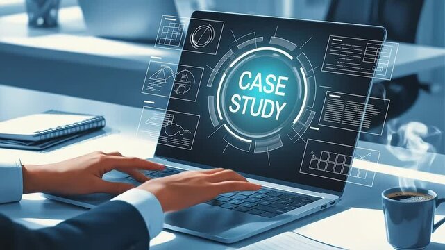 Hands type on a laptop displaying a case study surrounded by data visualizations on a bright desk.