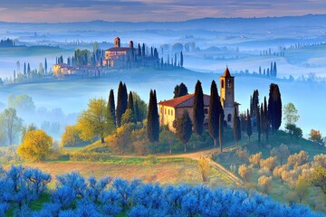 Italian countryside at dawn, misty hills, charming buildings