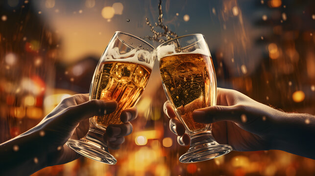 Two hands clinking beer mugs with bokeh lights in background. A warm, lively photo capturing celebration and togetherness for International Beer Day events.