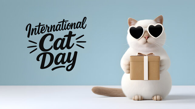 Cool cat wearing sunglasses and holding a red gift box for “International Cat Day.” A trendy and fun design perfect for pet gifts, cards, or themed campaigns.