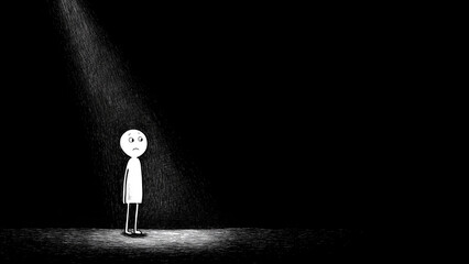Black and white drawing of a stick figure standing on a stage, with a spotlight shining down on it from above. The figure appears to be sad or concerned. Black background, copy space, aspect 16x9