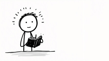 Black and white sketch-style drawing showing a person reading a book under the light of a spotlight, with a halo-like effect around their head. White background, copy space, aspect 16:9.