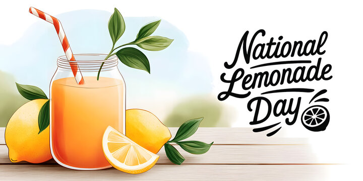 Glass of lemonade with lemon, mint and straw, paired with “National Lemonade Day” lettering. Bright concept for summer drinks, ads or seasonal greeting visuals.