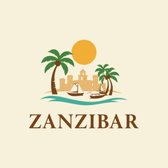 Flat vector landscape of Zanzibar with fortress, boats, palm trees and golden sun. Tropical African island with coastal view