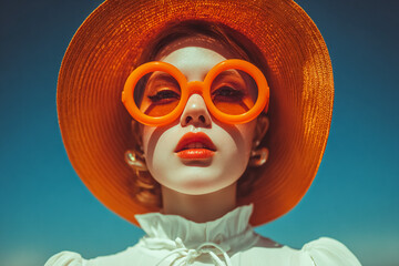 Woman wears orange sunglasses and hat against bright sky. Portrait. Fashion, beauty, summer vibes. For blogs, editorial, marketing, web.