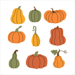 Collection of decorative pumpkins and gourds in various shapes and autumn colors. Simple flat style illustration perfect for fall, Thanksgiving, and harvest themed designs. Vector illustration