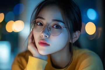 Young adult Asian woman suffering from eye strain after overworking, looking tired after hours of screen time, Generative AI