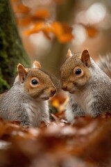Obraz premium Pair of squirrels in autumn forest surrounded by vibrant leaves
