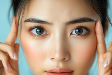 Lack of sleep problem, worried young Asian woman pointing to dark circles under her eyes, reflecting the physical toll of sleepless nights, Generative AI