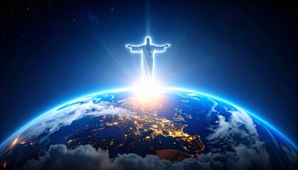 Heavenly glow, Jesus christ embracing earth with divine light and grace