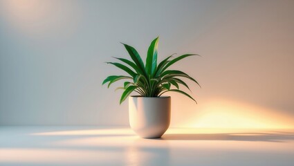 Obraz premium A vibrant green plant in a white pot illuminated by soft light on a minimalistic surface