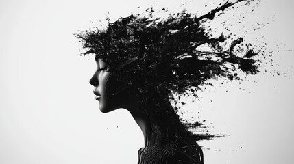 Monochrome woman's profile with textured hair and minimalist background in dark monochromatic style with flowing lines