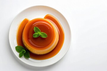Caramel flan dessert on white plate with mint garnish Overhead view custard