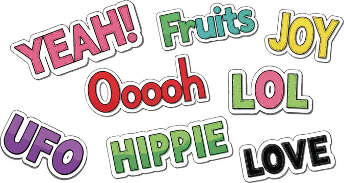 Sticker pack vector illustration featuring yeah fruits joy lol ufo hippie love and oooh designs cool art editable
