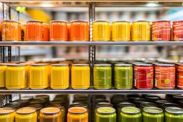 Brightly Colored Paint Cans on Shelves in a Vibrant Art Supply Store Display