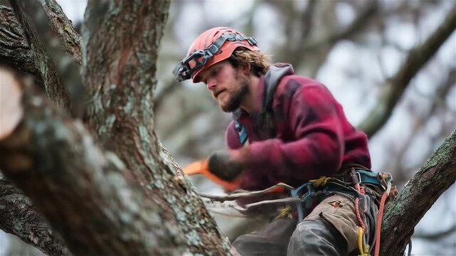 Climbing high to perform essential tree maintenance in a serene forest location during the twilight hours of July