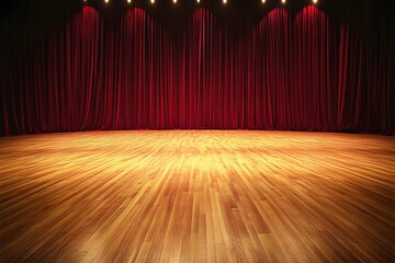 Elegant Wooden Stage with Red Curtains and Spotlights for Performances or Events