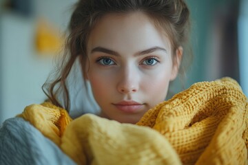 Housewife smelling musty laundry clothes, signaling the need for proper care and maintenance of household tasks, Generative AI