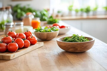Fresh Vegetables and Herbs Arranged on Wooden Kitchen Table in Natural Light