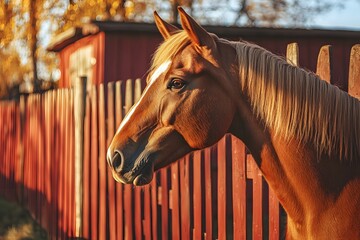 Majestic Brown Horse Standing Gracefully Beside Wooden Red Fence Outdoors