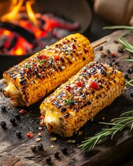 Grilled Corn on Cob with Spices and Herbs over Rustic Wooden Table