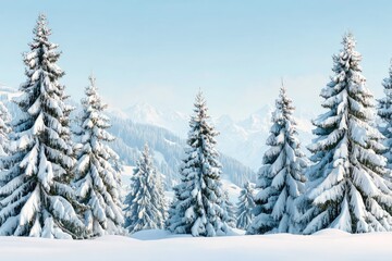 Snowy winter landscape with fir trees and mountains