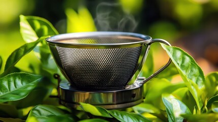 Steaming aromatic infusion inside a metallic mesh cup amidst vibrant green foliage, capturing the essence of nature's brew and inviting a moment of serene contemplation