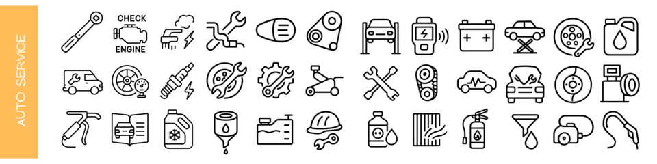 Car repair Outline illustration of 36 automotive vector icons, isolated  