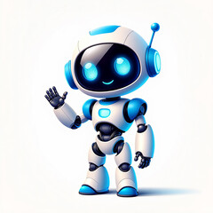 Friendly cartoon robot waving hello with blue glowing eyes