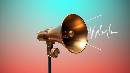 Vintage brass megaphone with sound waves, symbolizing clear communication on a gradient backdrop.