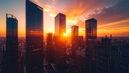 Spectacular cityscape illuminated by the vibrant colors of sunset, a captivating urban vista, modern architectural marvels gleaming under the fiery sky