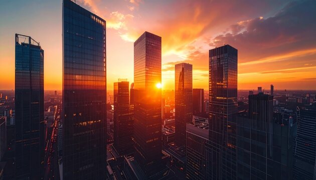 Spectacular cityscape illuminated by the vibrant colors of sunset, a captivating urban vista, modern architectural marvels gleaming under the fiery sky