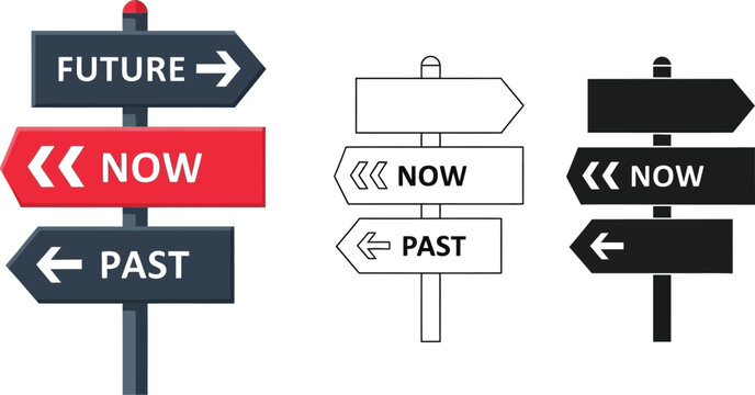 Time management concept: future now and past direction signpost decision making vector illustration editable