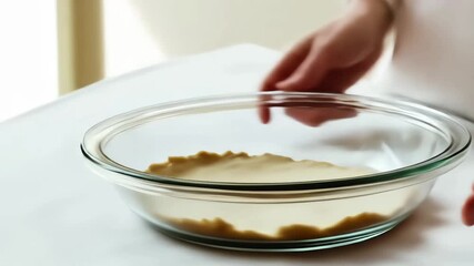 A clear glass dish with an unbaked pie crust ready for filling.