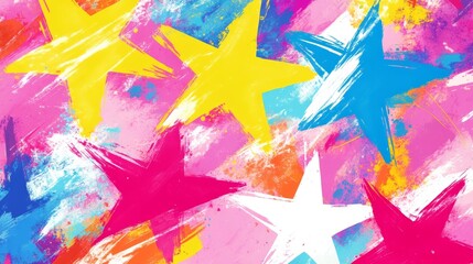 Abstract star painting with colorful splatter background and brush strokes