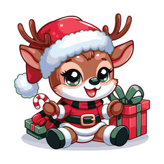 A cheerful cartoon Santa Claus with gifts and a red hat celebrates the Christmas holiday season