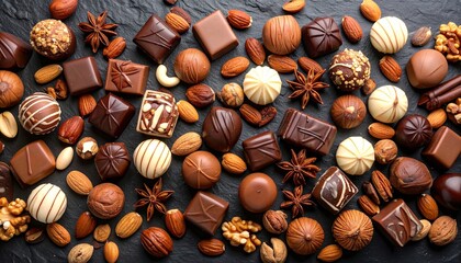 Delicious chocolate pralines and nuts assortment flat lay on dark slate background