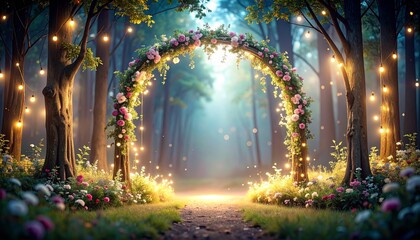Enchanted Forest Portal, A Fairytale Landscape with Lights and Flora