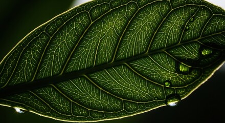 Translucent Green Leaf Veins with Water Droplets Closeup