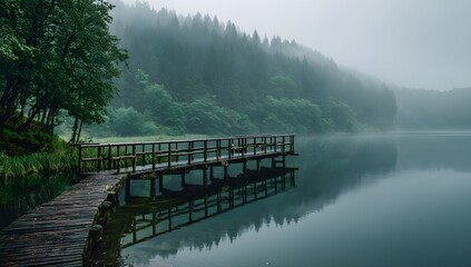 Tranquil foggy lake with wooden walkway and forest in the background