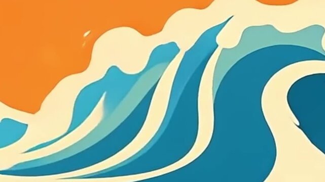 retro wave background, vector loop animation, seamless jagged lines, vibrant orange blue cream, surf poster style, retro skate art loop, 4K vector animation, diagonal motion background, abstract sharp