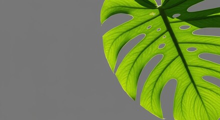 Close-up of a Monstera Leaf Against a Gray Background