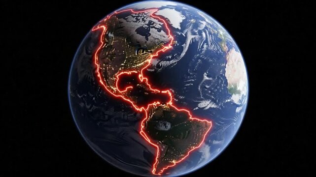 Earths tectonic plates glowing red outline of North America and South America continents from space at night with city lights visible and starry background representing geological 4K Ai HD video.

 